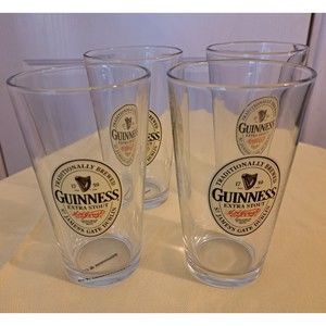 (4) Guiness Extra Stout Pint Glass Tan Round Label Harp St. James's Gate Dublin